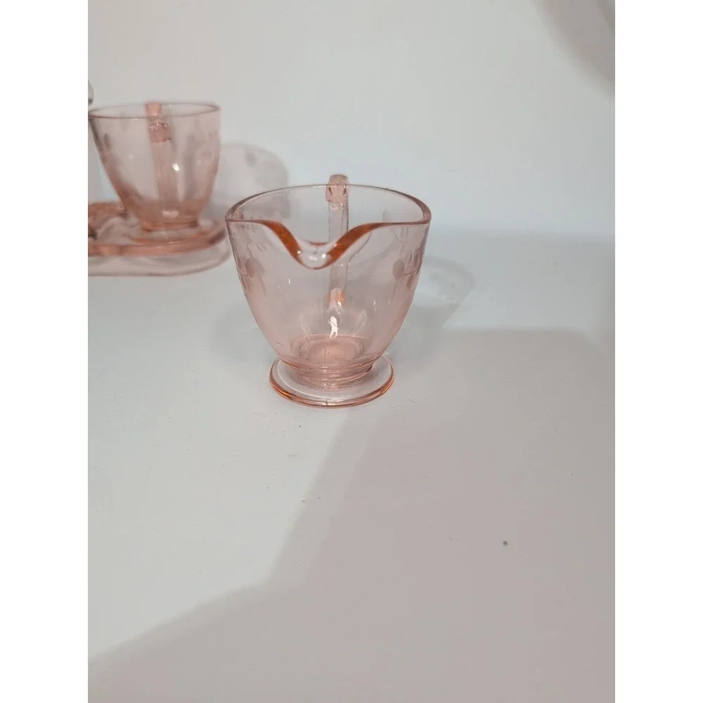 Pink Depression Etched Glass 3-Piece Set: Sugar, Creamer, &  tray coffee tea